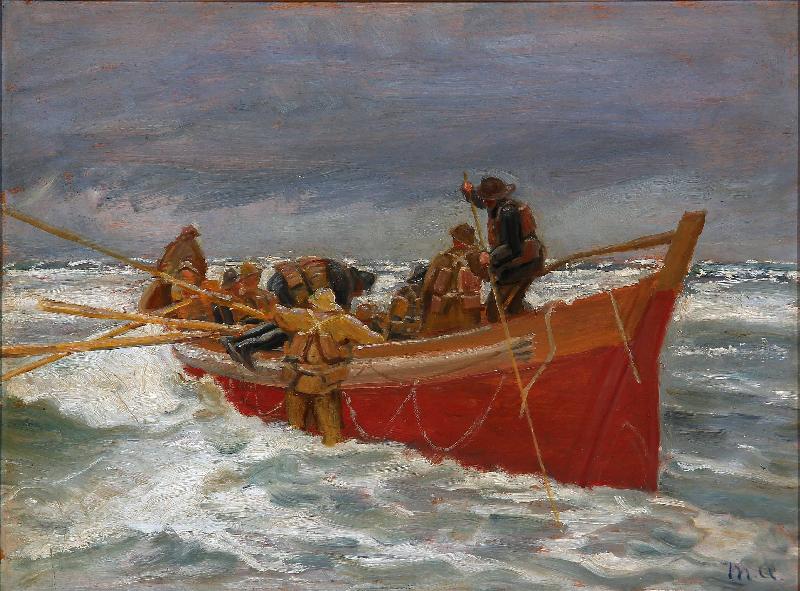 Michael Ancher The red rescue boat on its way out China oil painting art